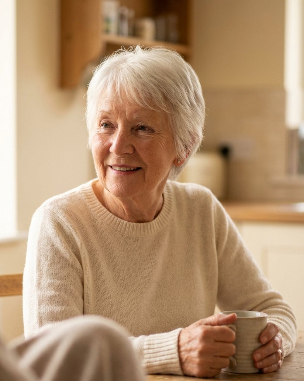 An older woman chatting over coffee at her kitchen table